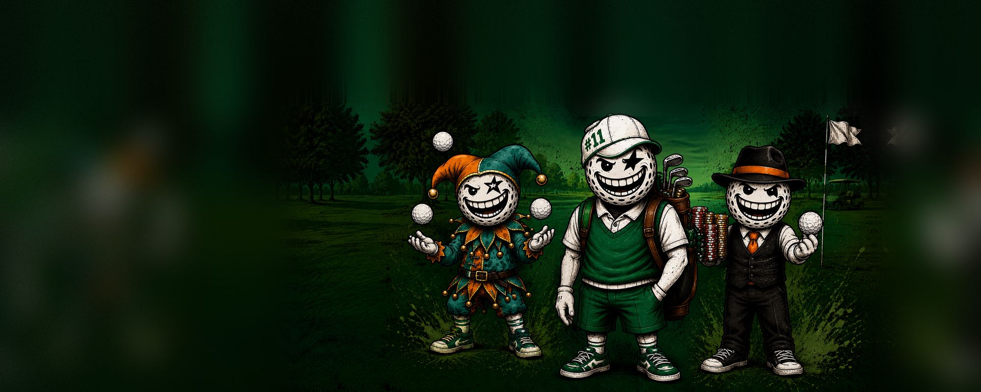 Three golf-ball characters — the Jester, the Caddie and the Gambler — fanning out Caddie's Revenge cards on a fairway.