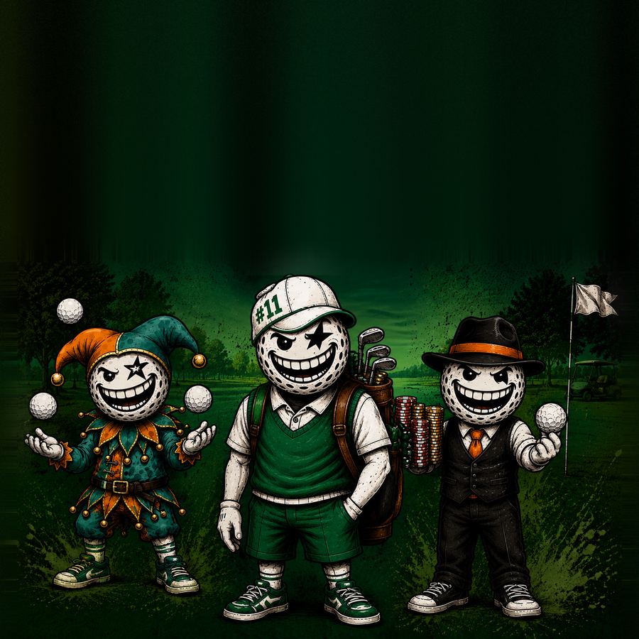 Three golf-ball characters — the Jester, the Caddie and the Gambler — fanning out Caddie’s Revenge cards on a fairway.