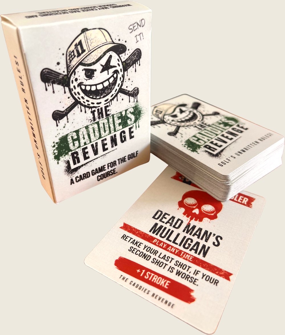 The Caddie’s Revenge tuck box with the card deck and four rule cards fanned out beside it.